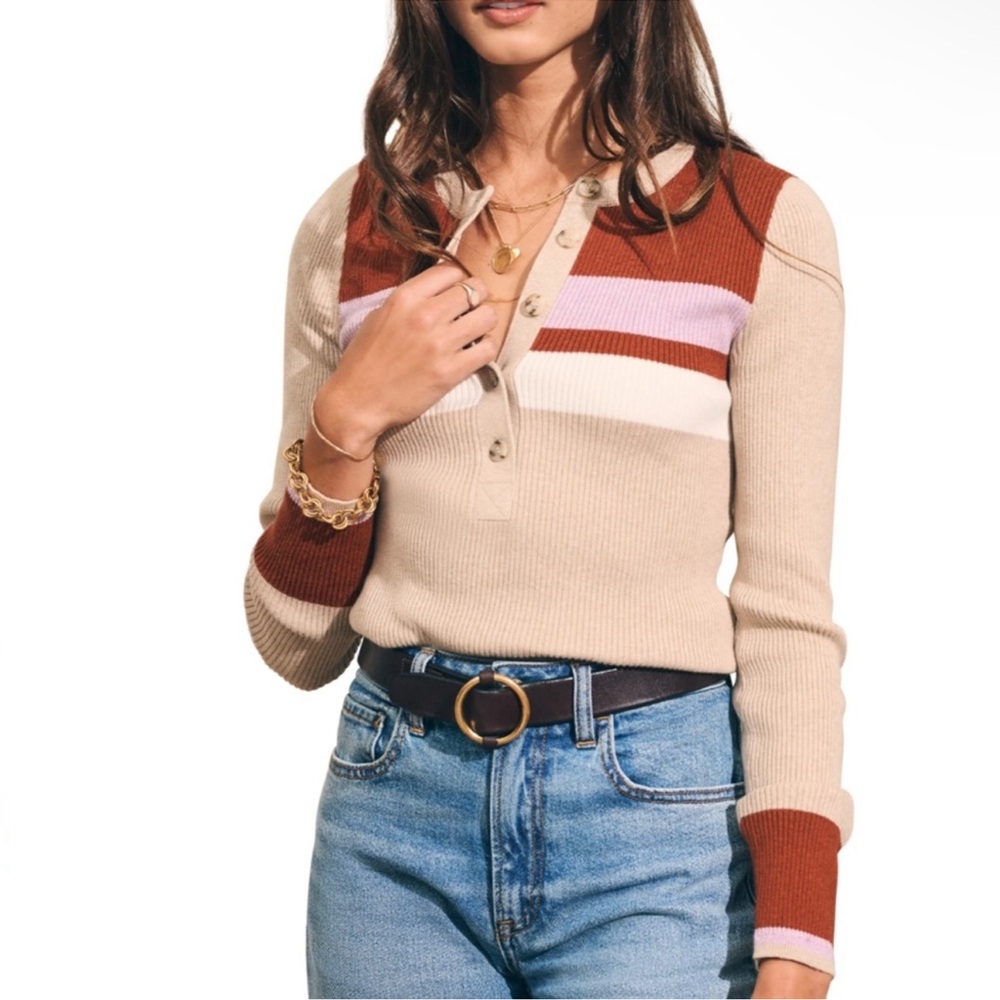 Faherty Mikki Henley Throwback Stripe Oat Sweater